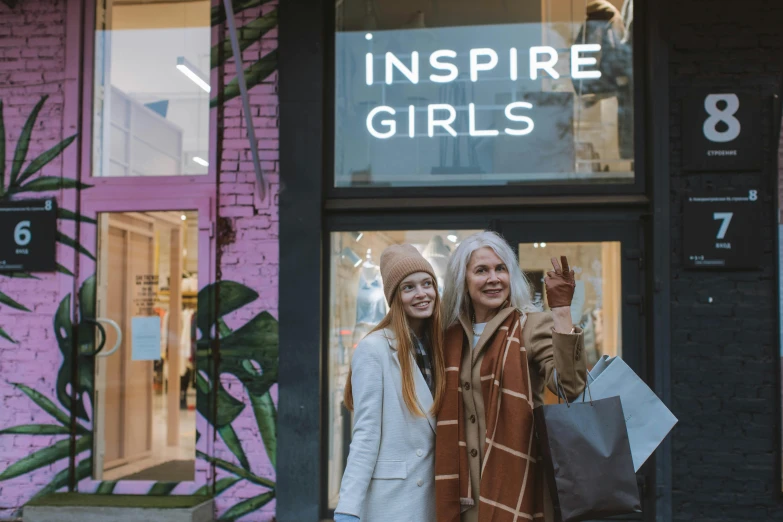 a couple of women standing in front of a store, inspired by Edwin Georgi, trending on unsplash, happy girl, inspire, sgi iris graphics, shipgirls