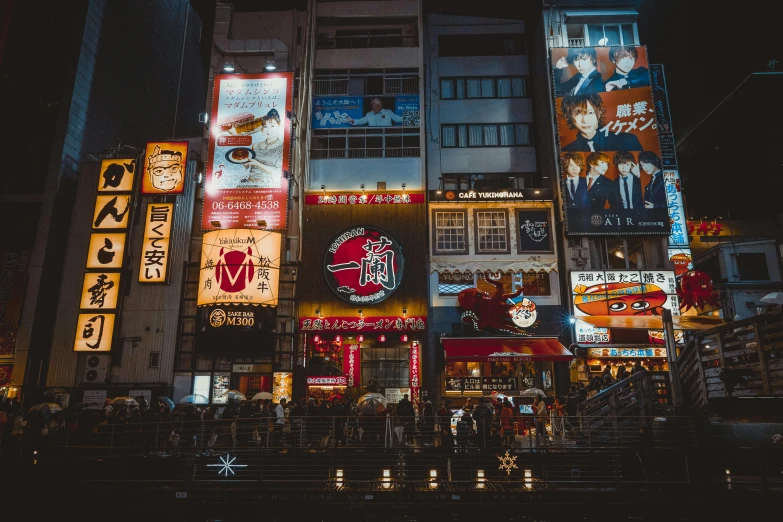 a bunch of signs that are on the side of a building, a picture, pexels contest winner, ukiyo-e, city night, bustling city, 80's japanese photo, ground level shot