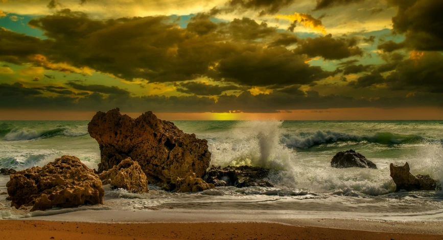 a group of rocks sitting on top of a sandy beach, an album cover, pexels contest winner, romanticism, turbulent storm clouds, beautiful waves in sea, golden clouds, brown