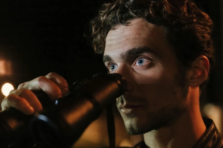 a close up of a person drinking from a bottle, by Jacob Toorenvliet, pexels contest winner, photorealism, search lights, robert sheehan, mid-shot of a hunky, looking for clues