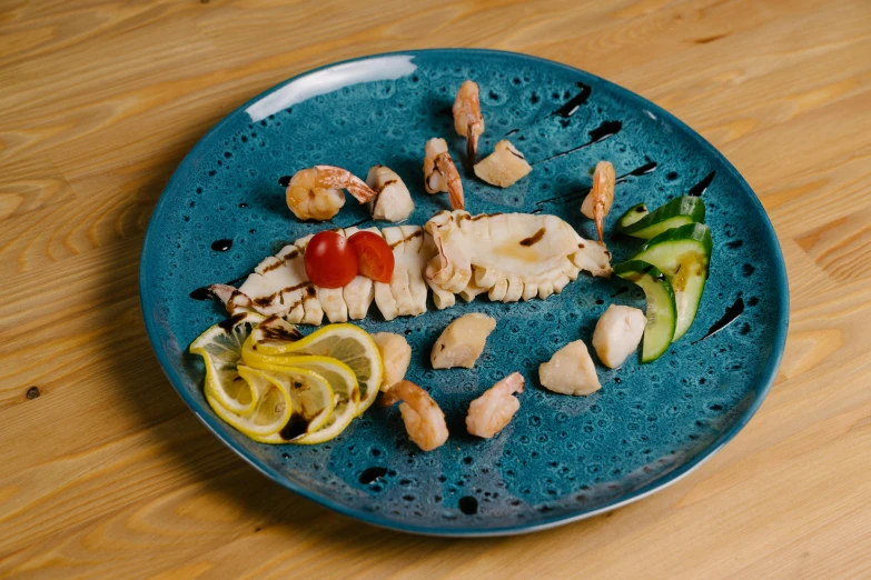 a close up of a plate of food on a table, blue submarine no. 6, shrimp, thumbnail, ekaterina