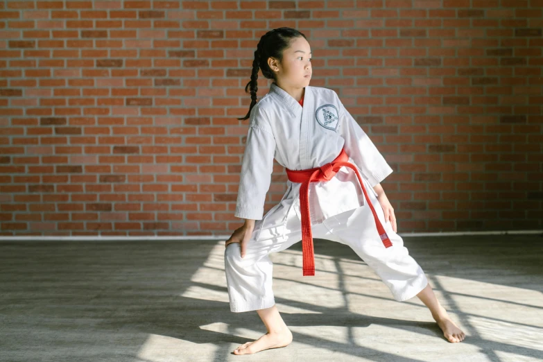 a woman is practicing karate in front of a brick wall, a portrait, unsplash, girl wearing uniform, white and red color scheme, joy ang, kids