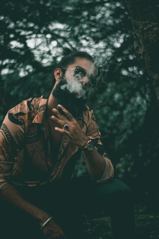 a man with a beard smoking a cigarette, an album cover, inspired by Elsa Bleda, pexels contest winner, hindu aesthetic, forest punk, profile pic, menacing pose