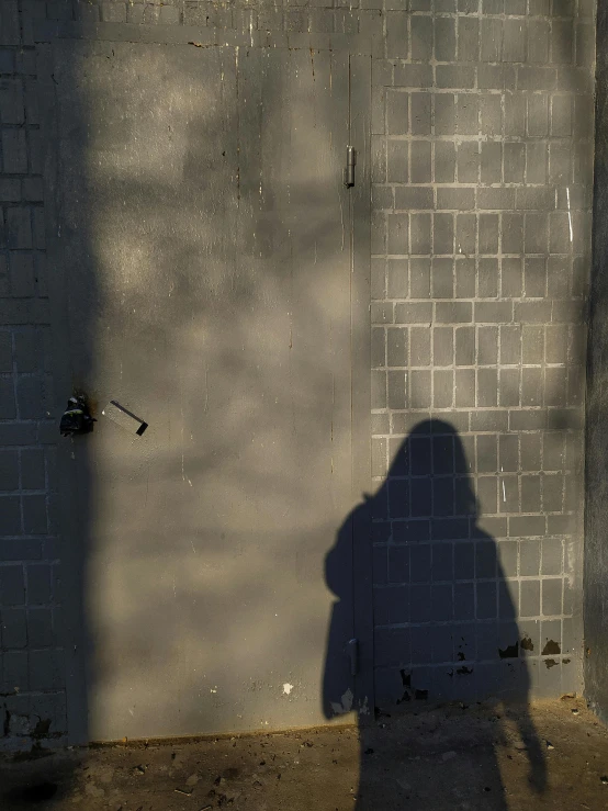 a shadow of a person standing in front of a door, inspired by Vivian Maier, unsplash, conceptual art, background image, spraypainted on a wall, low quality photo, torches on wall
