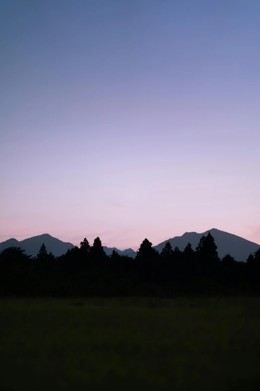 a field with trees and mountains in the background, a picture, unsplash, minimalism, sunset kanagawa prefecture, james turrell, late summer evening, silhouette :7