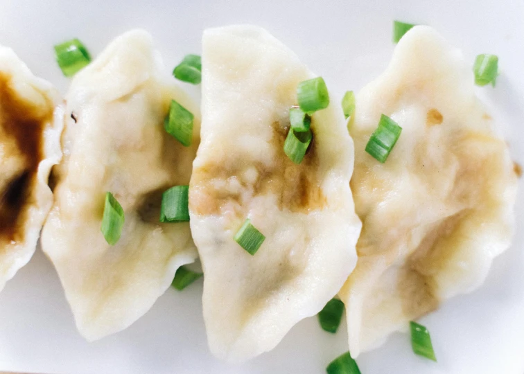 a white plate topped with dumplings covered in sauce, by Emma Andijewska, unsplash, mingei, ramps, white background, oriental face, cheesy