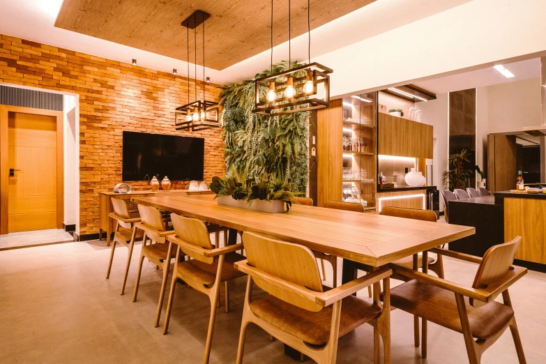 a dining room with a wooden table and chairs, by david rubín, unsplash, fan favorite, terrarium lounge area, kitchenette and conferenceroom, profile image