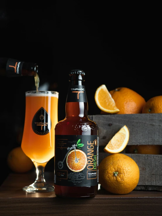 a bottle of beer is being poured into a glass, reddit contest winner, renaissance, orange and orange slices, high angle shot, high quality product image”, “organic