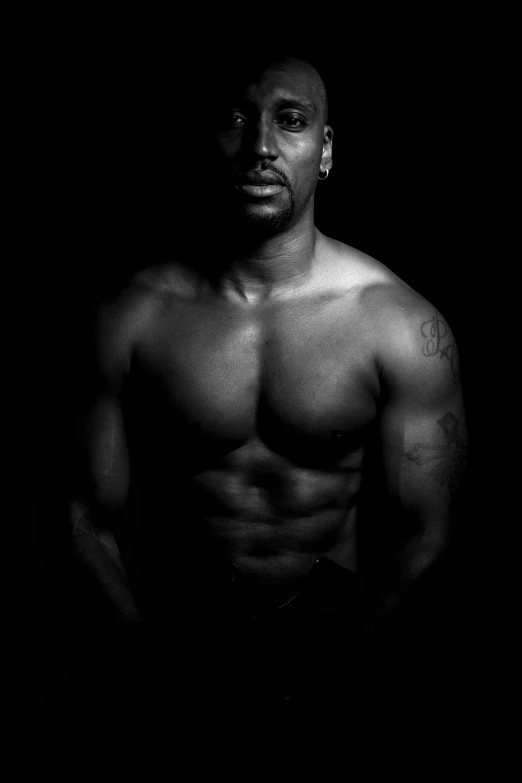 a black and white photo of a shirtless man, inspired by Gerald Kelly, handsome hip hop young black man, mike tyson, armitage, 30 year old man :: athletic