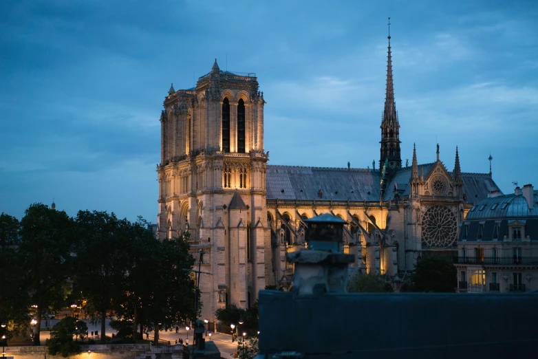 a view of a cathedral lit up at night, fan favorite, andre le notre, monumental structures, during dawn