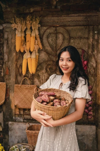 a woman in a white dress holding a basket of vegetables, inspired by Li Di, pexels contest winner, portrait of modern darna, brown, market setting, promotional image