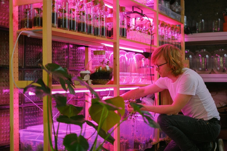 a woman sitting on a stool in front of a shelf filled with plants, by Jacob van Utrecht, unsplash, in an underground laboratory, pink lighting, permaculture, incubator medpods