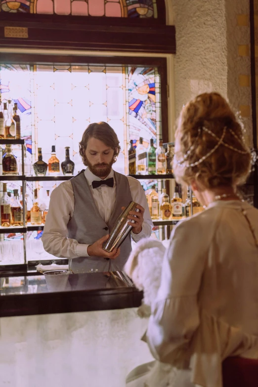 a man and a woman standing at a bar, inspired by Frederick Goodall, art nouveau, cinestill colour cinematography, groom, at checkout, whisky