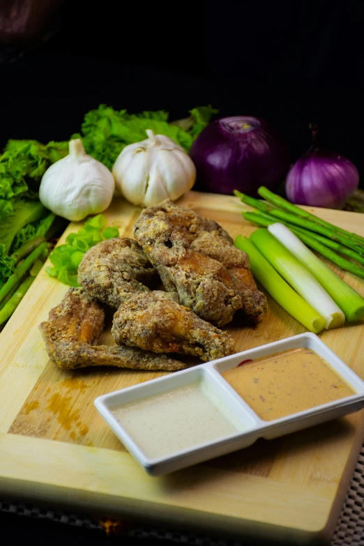 a wooden cutting board topped with meat and vegetables, fried chicken, gray, caparisons, 1 6 x 1 6