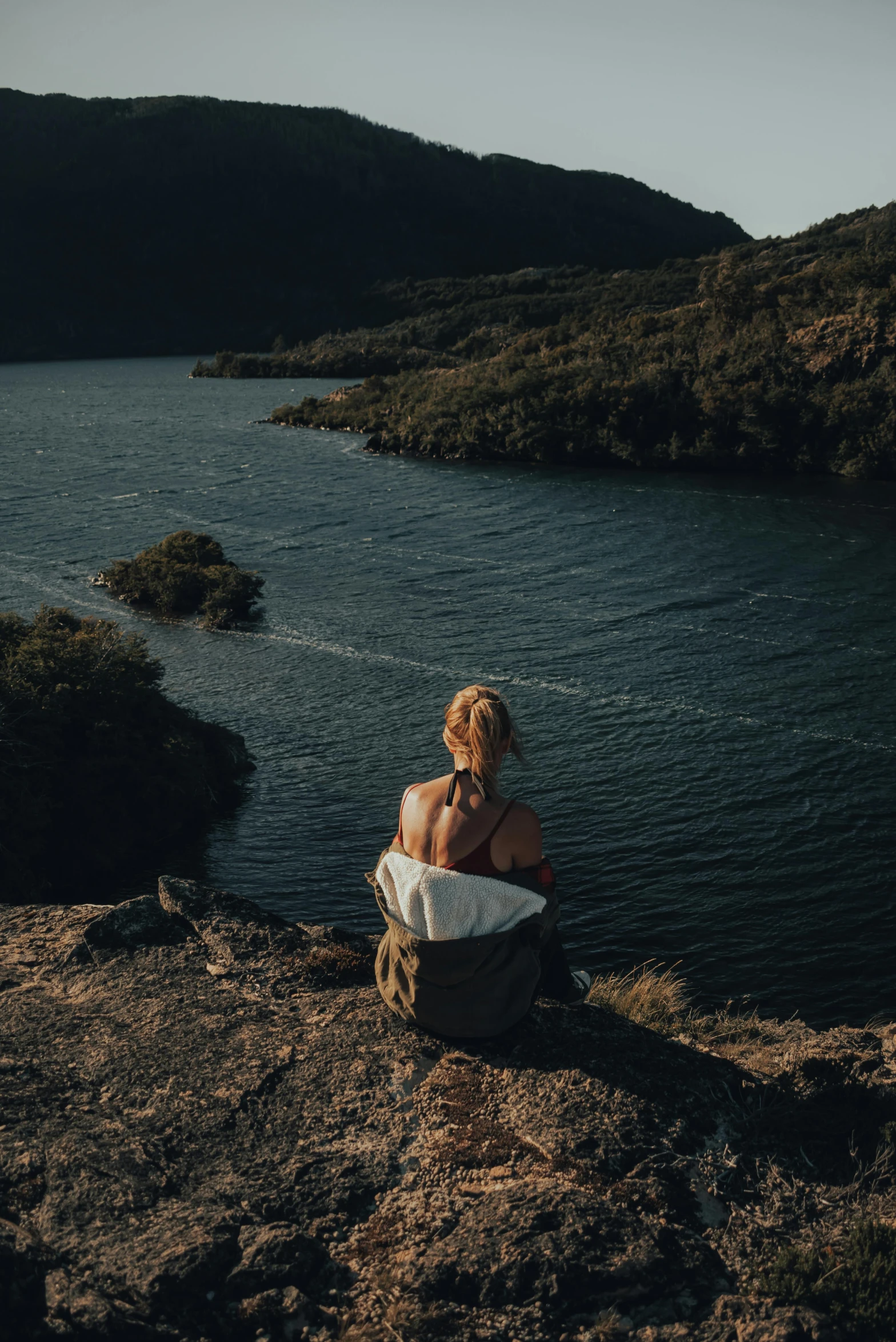 a woman sitting on top of a rock next to a body of water, by Sebastian Spreng, unsplash contest winner, evening sunlight, lush surroundings, sittin, lakes