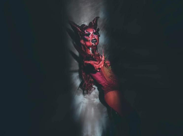 a woman wearing a devil mask in the dark, an album cover, pexels contest winner, transgressive art, full body with costume, instagram post, felix englund, deity)