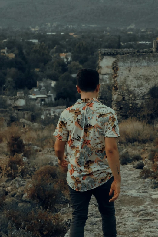 a man standing on top of a rocky hill, an album cover, pexels contest winner, renaissance, hawaiian shirt, back view. nuri iyem, walking through a suburb, low quality footage