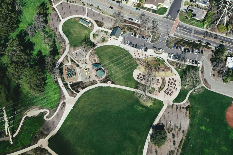 an aerial view of a park with lots of green grass, a portrait, by Tom Bonson, unsplash, napa, square, modeled, colorado