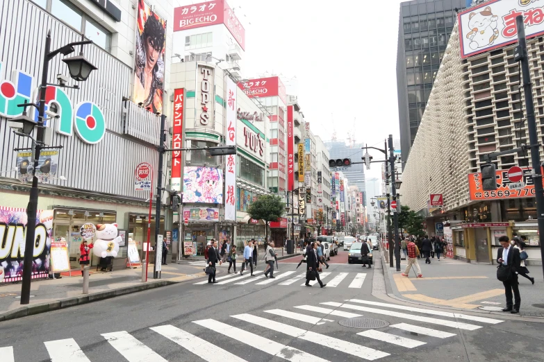 a group of people crossing a street in a city, shin hanga, lots of signs and shops, advertising photo, square, けもの