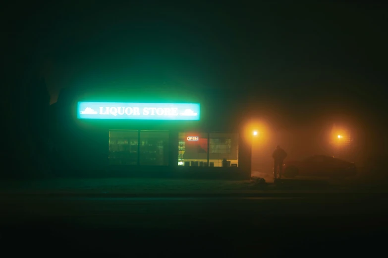 a gas station in the fog at night, inspired by Elsa Bleda, green neon, people at night, fargo, medium format. soft light