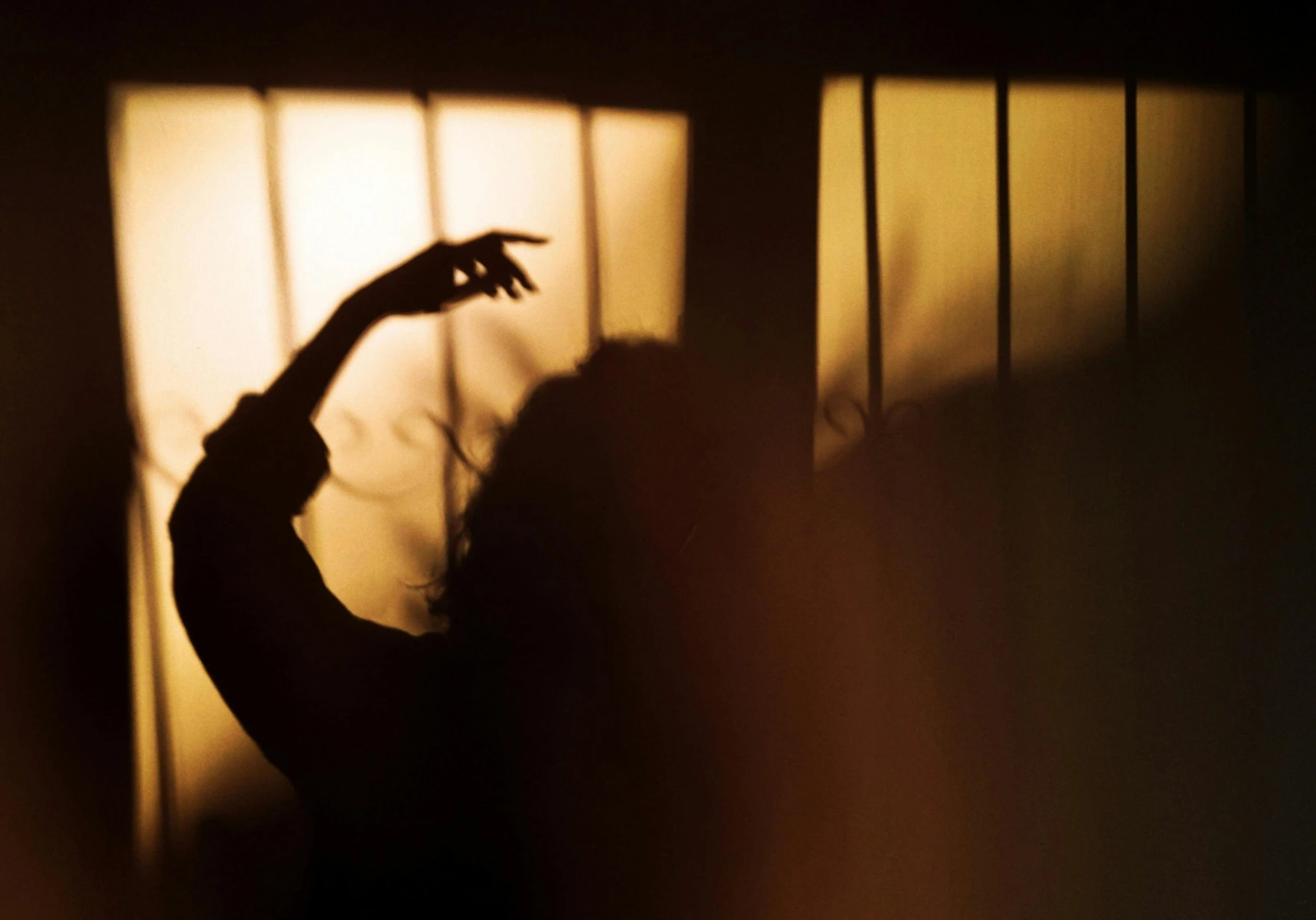 a silhouette of a person standing in front of a window, a picture, inspired by Elsa Bleda, pexels, romanticism, movie still of a snarling, prison scene, halloween, waving