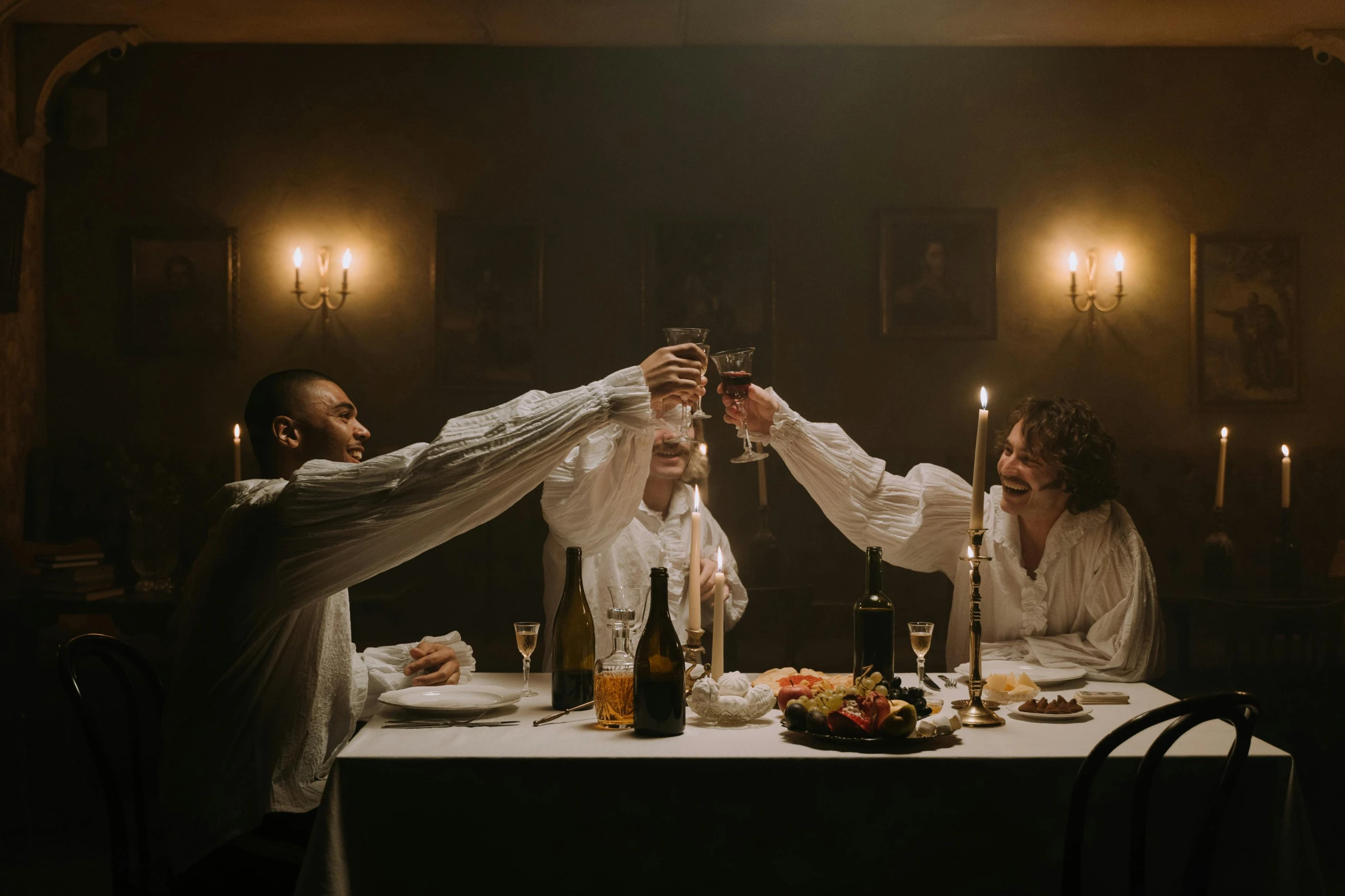 a group of people toasting at a dinner table, inspired by Pietro Longhi, pexels contest winner, renaissance, cinema still, wuthering heights, medieval tavern, photoshoot