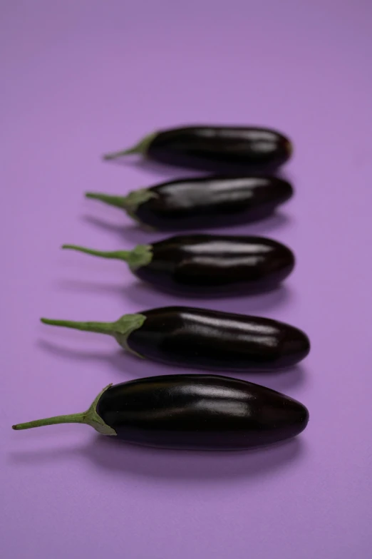 a row of eggplant on a purple background, an album cover, unsplash, background image, black, only five fingers, violet cockroach
