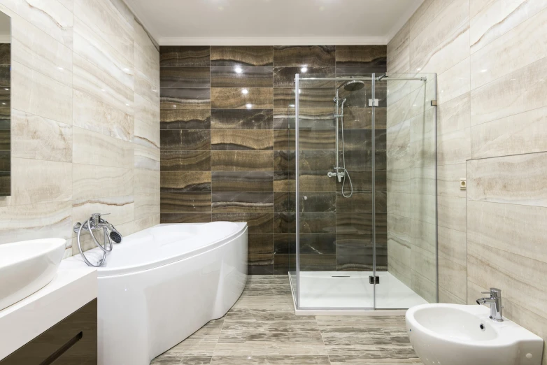 a bath room with a toilet a sink and a bath tub, a portrait, shutterstock, wood effect, square, all marble, gloss