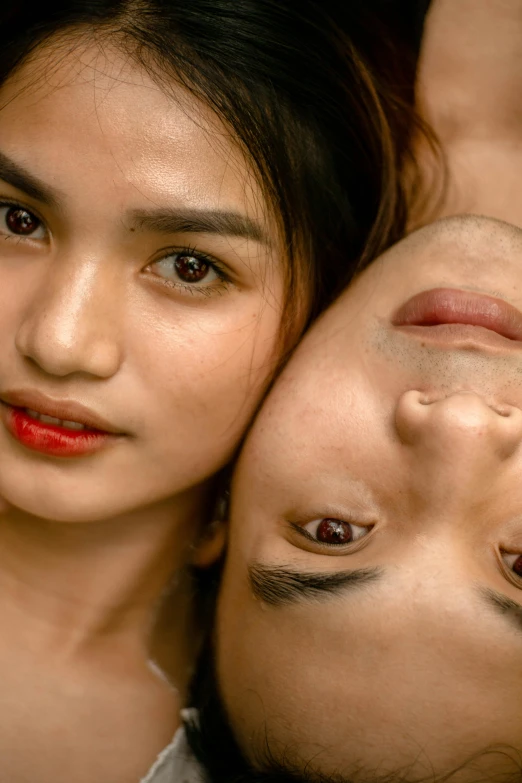 a couple of people laying on top of each other, unsplash, hyperrealism, young cute wan asian face, full frame image, 4k), south east asian with round face