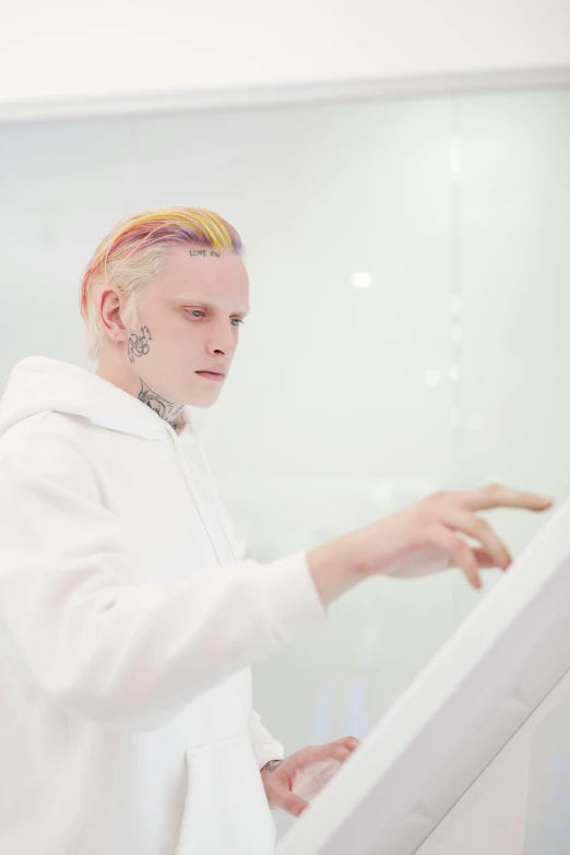 a man that is standing in front of a mirror, inspired by Yanjun Cheng, featured on reddit, visual art, albino skin, in a futuristic spaceship, on a white table, tattooed