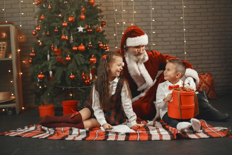 a man and two children sitting in front of a christmas tree, by Emma Andijewska, pexels, incoherents, santa inside a rustic barn, 15081959 21121991 01012000 4k, presents, 🎀 🗡 🍓 🧚