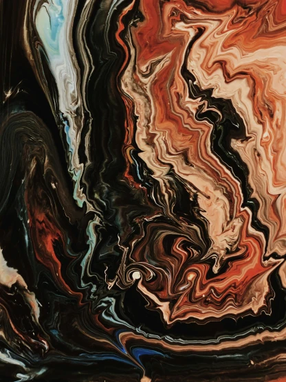 a close up of a painting on a table, inspired by David Alfaro Siqueiros, trending on pexels, abstract art, marbled veins, melting pixels, black and terracotta, abstract album cover
