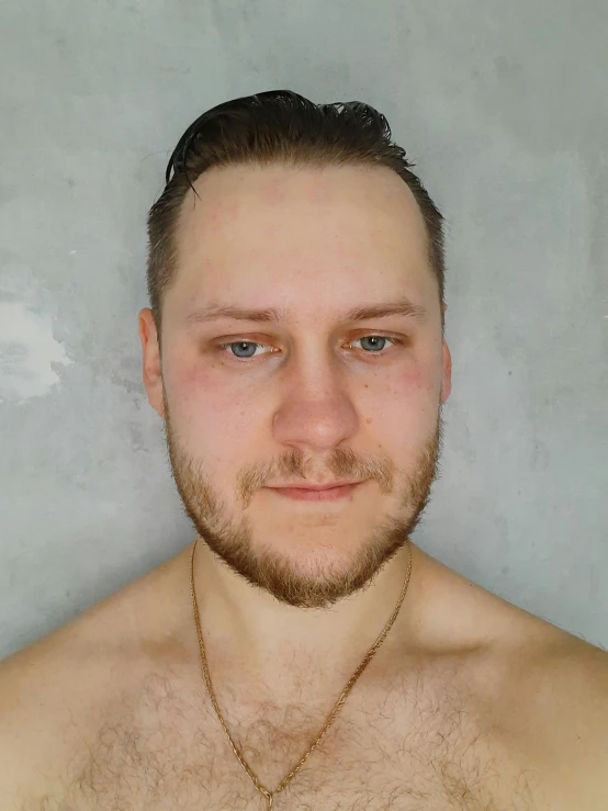 a man with no shirt on posing for a picture, a character portrait, reddit, with a white complexion, profile image, wet face, colored photo