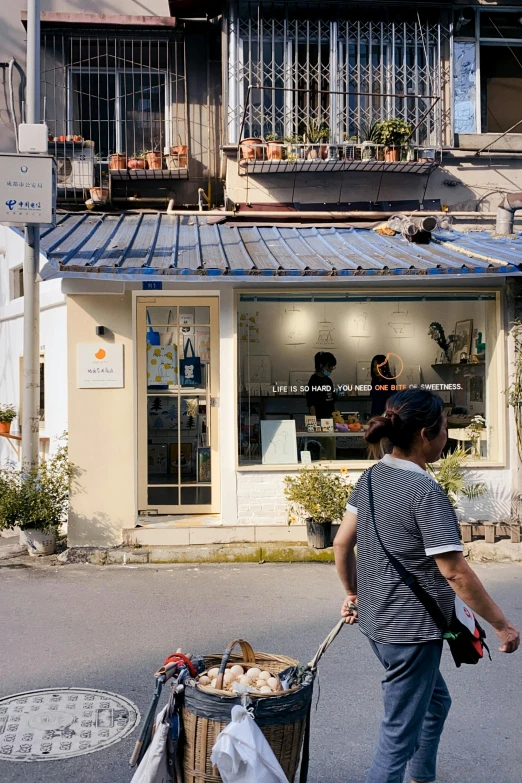 a man pushing a cart down a street, by Yasushi Sugiyama, unsplash, shin hanga, modern lush condo as shopfront, bakery, panoramic shot, junki ito