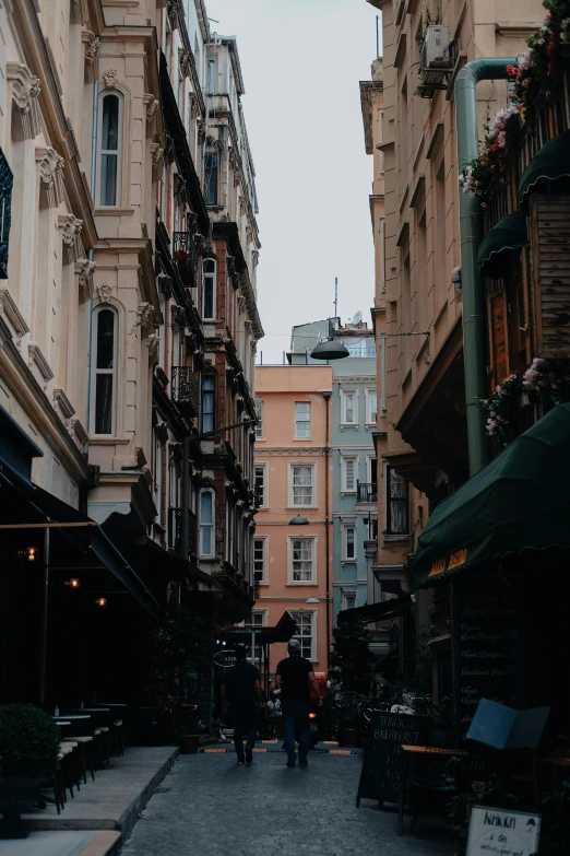 a city street filled with lots of tall buildings, by Cafer Bater, pexels contest winner, art nouveau, istanbul, muted color palette, back alley, cas