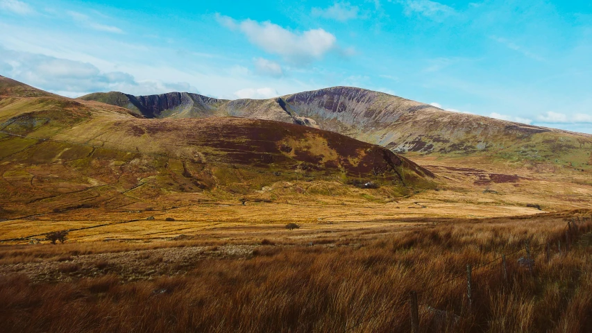 a grassy field with mountains in the background, by Bedwyr Williams, pexels contest winner, les nabis, thumbnail, brown, panoramic, out worldly colours