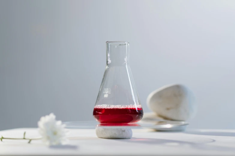 a vase filled with red liquid sitting on top of a table, a still life, unsplash, scientific glassware, made of carrara marble, in a laboratory, cone shaped