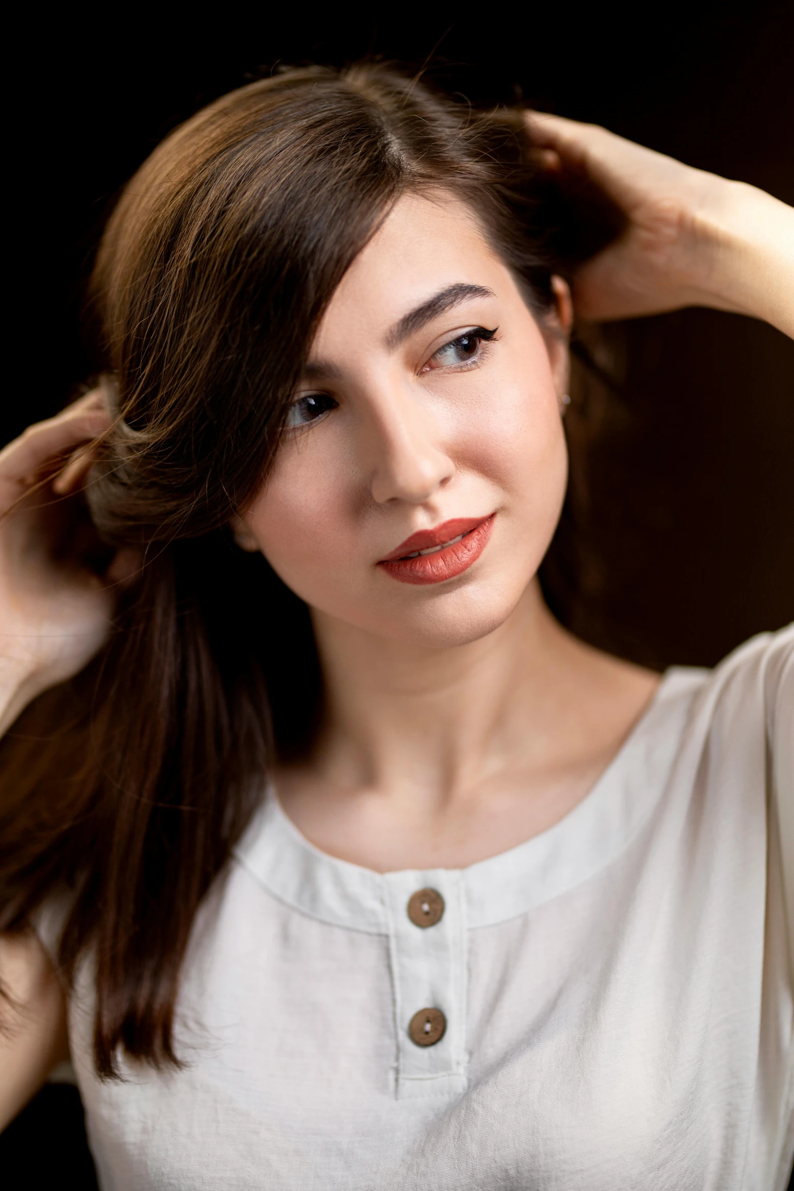 a woman in a white shirt posing for a picture, trending on pexels, photorealism, light-red lips, with brown hair, beautiful iranian woman, natural soft pale skin