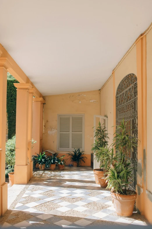 a walkway lined with potted plants next to a building, inspired by Luis Paret y Alcazar, neoclassicism, pale orange colors, trending photo, porches, taken in the early 2020s