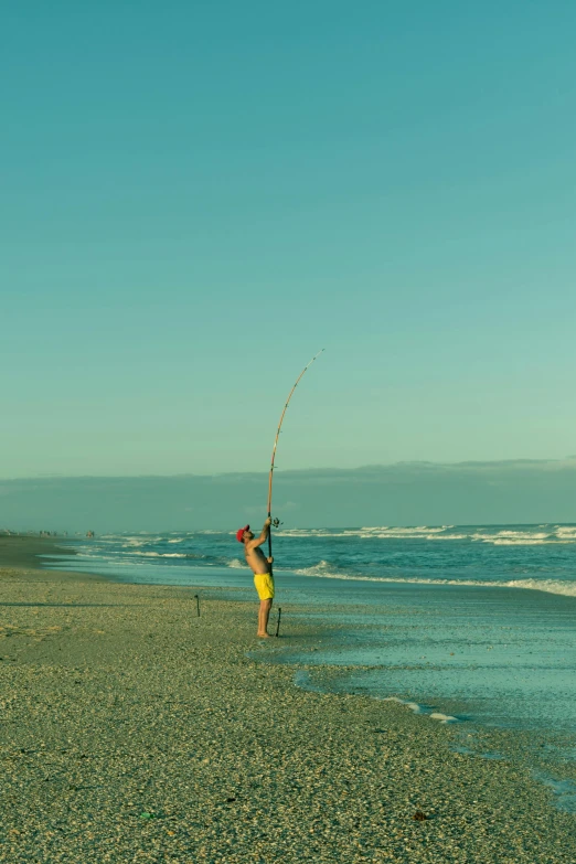 a man standing on top of a sandy beach next to the ocean, fishing pole, golden bay new zealand, doing a kick, fish