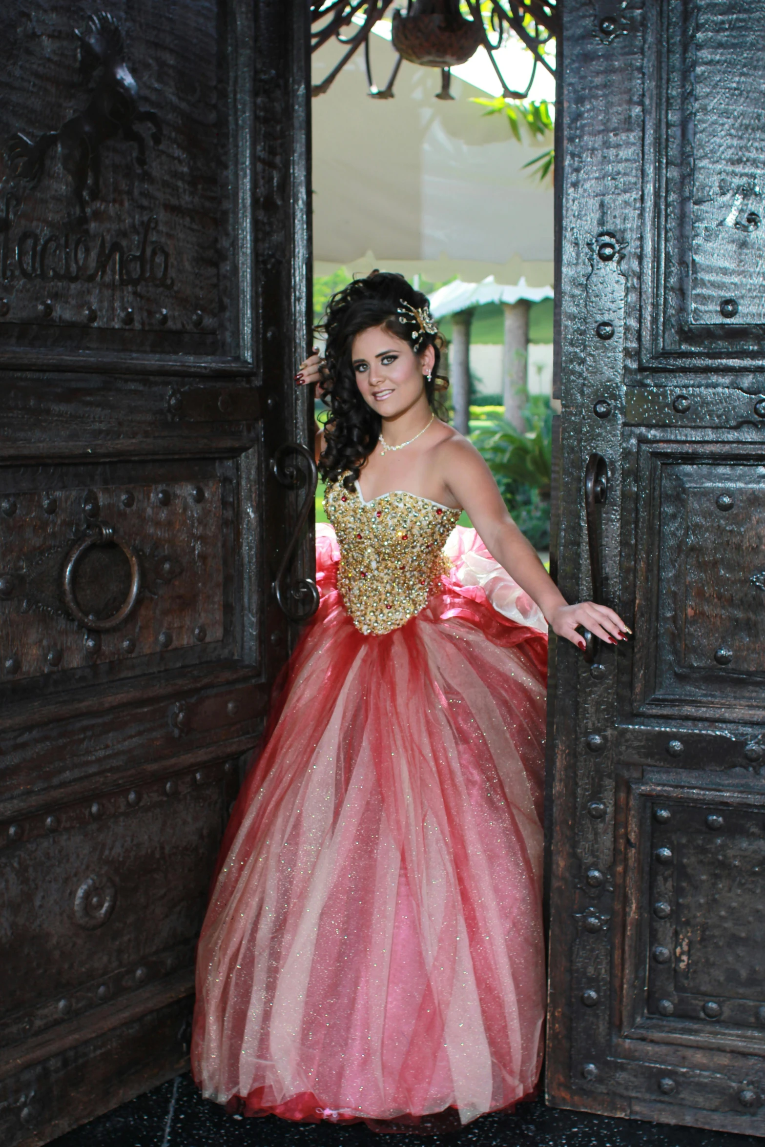 a little girl that is standing in front of a door, by Robbie Trevino, happening, in a fancy elaborate dress, 1 6 years old, karla ortiz, profesional photo