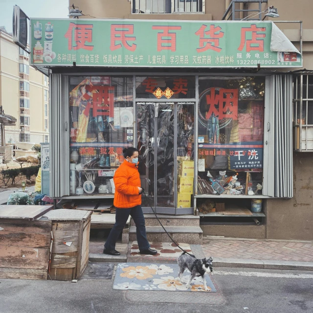 a person walking a dog on a leash in front of a store, pexels contest winner, hyperrealism, chinese heritage, detailed color scan”, neighborhood, dent wu