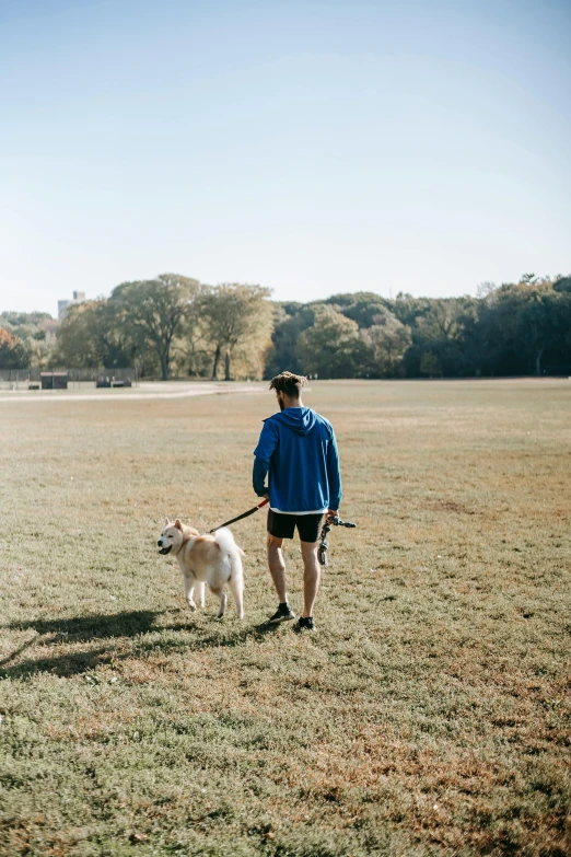 a person walking a dog in a field, at a park, dylan kowalski, sport, hip-length