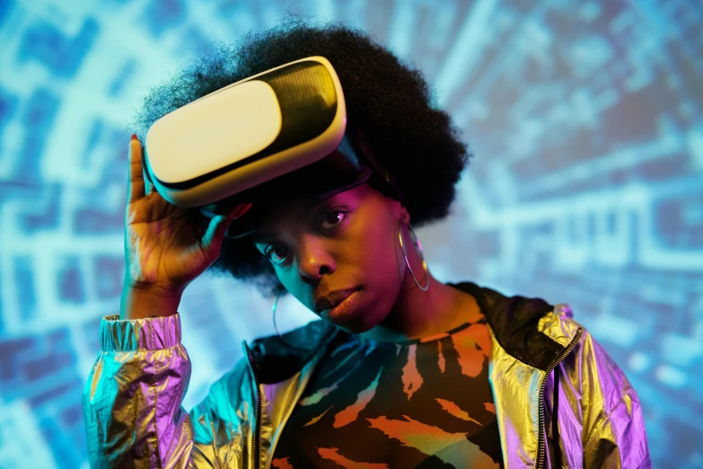 a woman with a virtual reality device on her head, trending on pexels, afrofuturism, neon jungle, black teenage girl, rectangle, mental ray