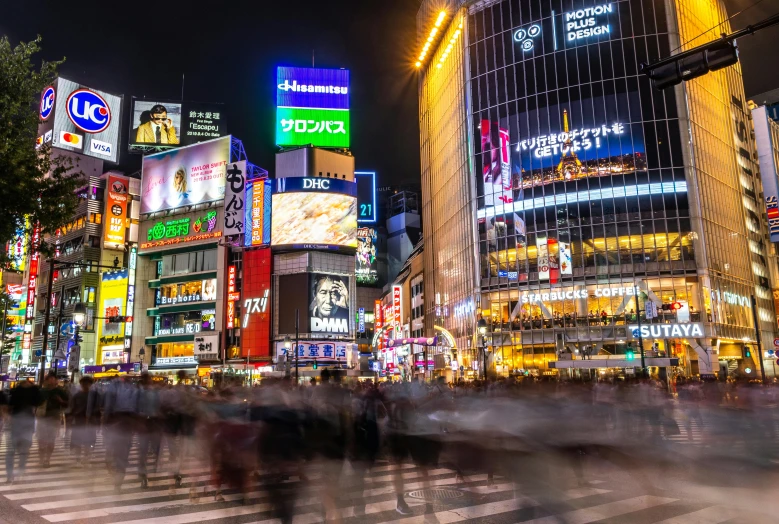 a crowd of people walking across a street at night, inspired by Kanō Naizen, pexels contest winner, ukiyo-e, square, shibuya crossing, japanese neon signs, ad image