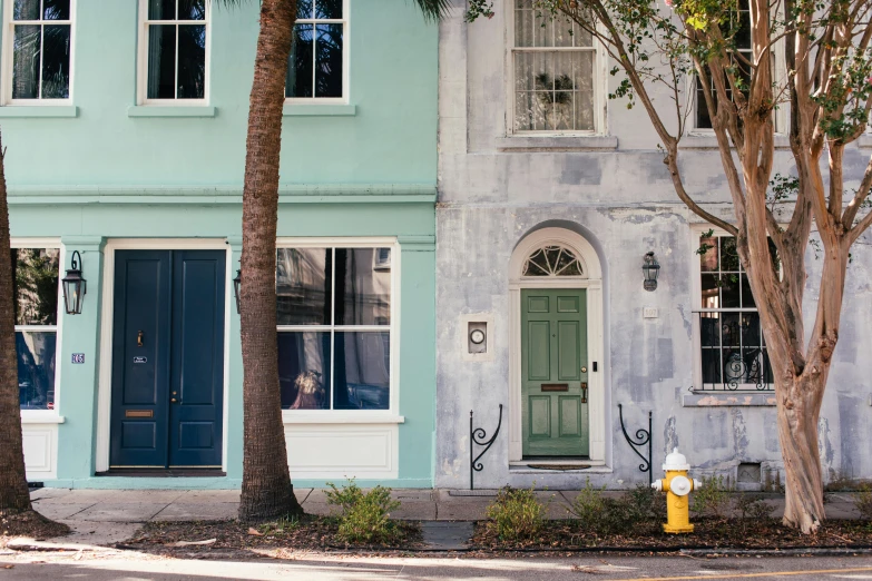 a yellow fire hydrant sitting in front of a blue building, a photo, by Elizabeth Charleston, unsplash contest winner, narrow and winding cozy streets, seafoam green, long violet and green trees, leaning on door