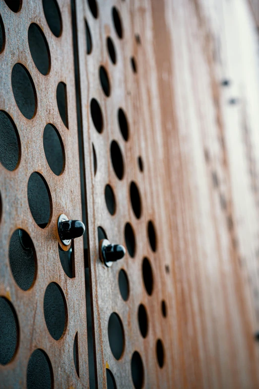 a close up of a metal door with holes, inspired by Peter Zumthor, two wooden wardrobes, refik anadol, poppy, environmental shot