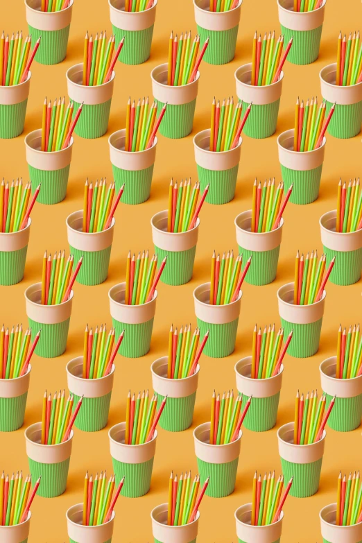 many cups with different colored straws in them, a digital rendering, inspired by George Tooker, green and orange theme, background image, sprouting, pencils