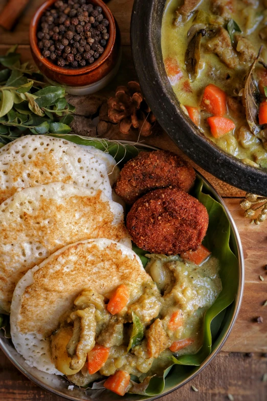 a wooden table topped with plates of food, inspired by Odhise Paskali, hurufiyya, moonlit kerala village, thumbnail, green