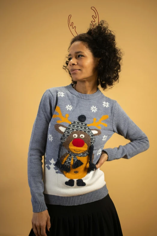 a woman wearing a reindeer ugly ugly ugly ugly ugly ugly ugly ugly ugly ugly ugly ugly ugly ugly ugly ugly ugly ugly ugly ugly ugly ugly ugly, a cartoon, trending on reddit, folk art, grey, uk, in a medium full shot, intarsia